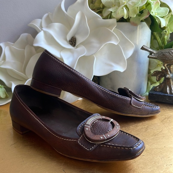 Prada Calzature Bamboo Buckle Flats in Brown Leather - Picture 1 of 15